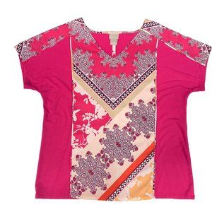 Chicos M Pink Top Pieced Floral Geometric Print Vneck Dolman Sleeve V Neck